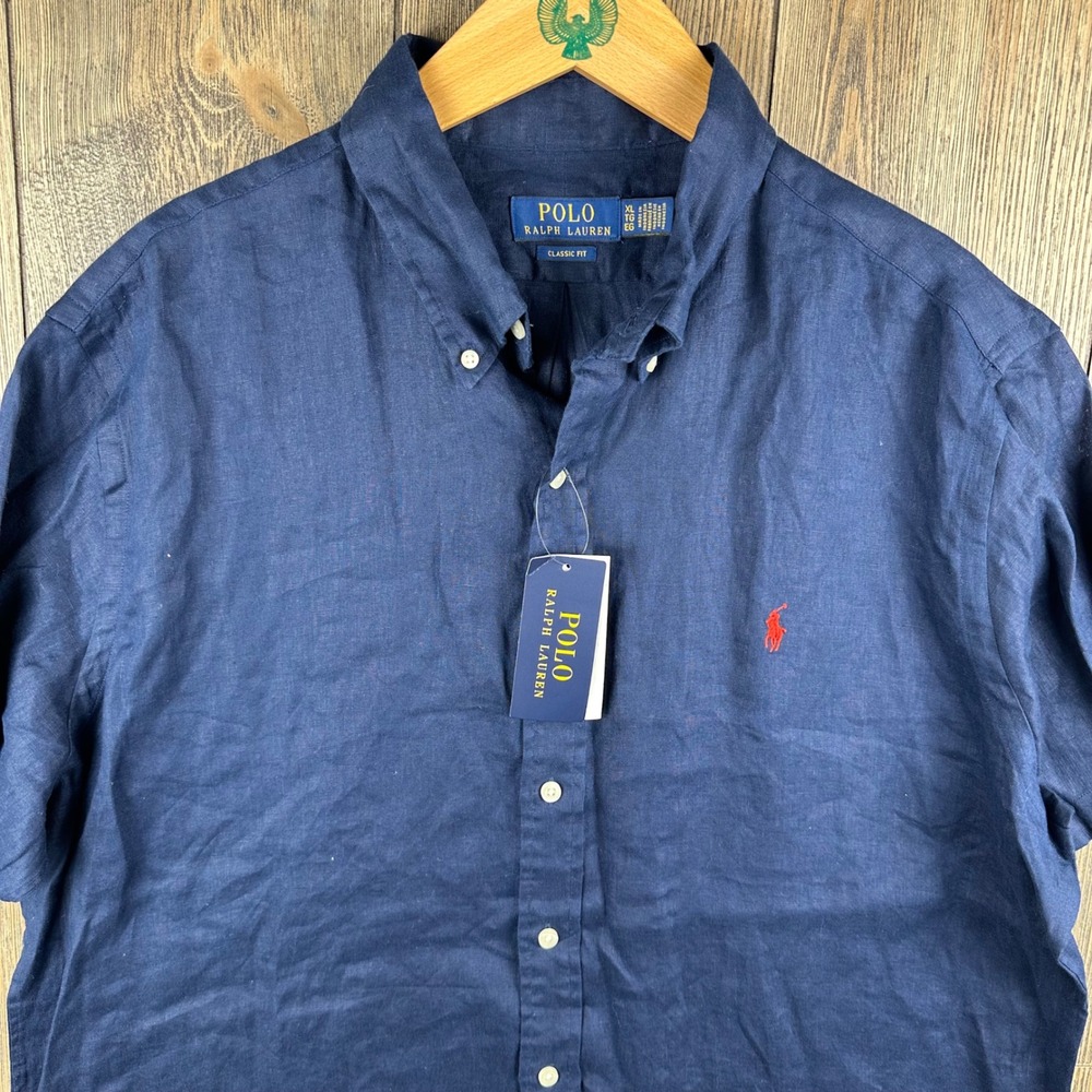 Polo Ralph Lauren Classic Fit Linen Short Sleeve Button Down Shirt NWT Navy XL - Picture 3 of 8